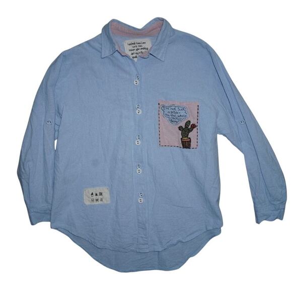 Handmade Blue Button-Up Shirt 100% Rami Embroidered Cactus Quote Graphic M - Picture 2 of 11